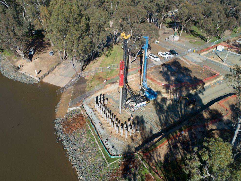 Birds eye image of the stage 3 construction occurring alongside the Murray River