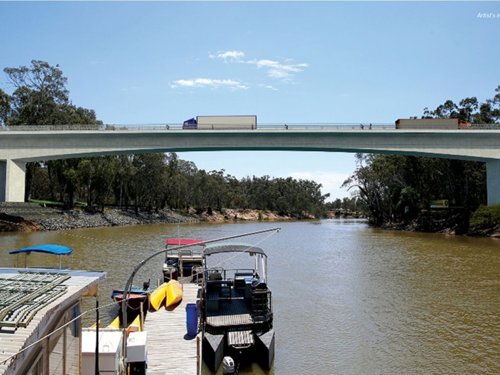 The new bridge over the Murray River from the point of view of a pier. Bridge stretches over the river.