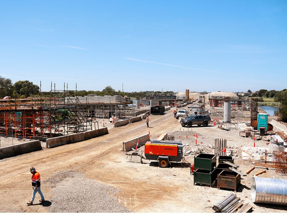 Works progressing to build the 400-metre twin bridges over the Waterways wetlands