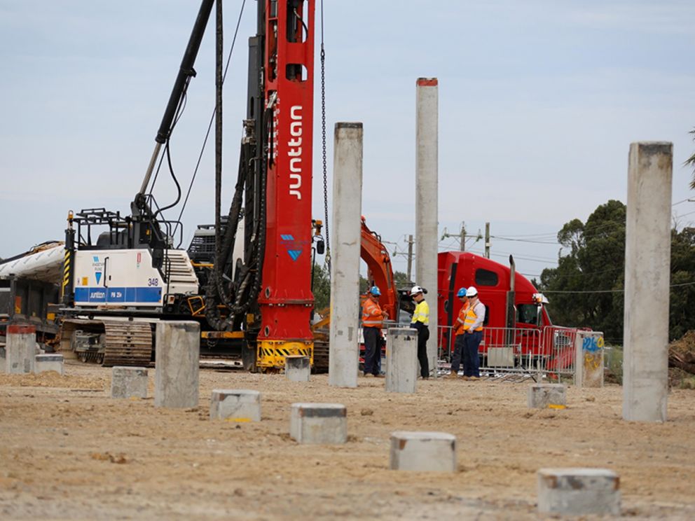 Progress on installing piles for the road over the former landfill in Dingley Village - March 2020