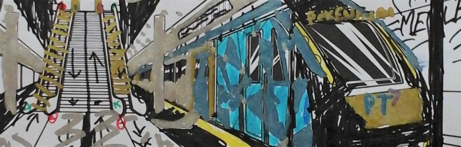 Colouring in of a train arriving at a station