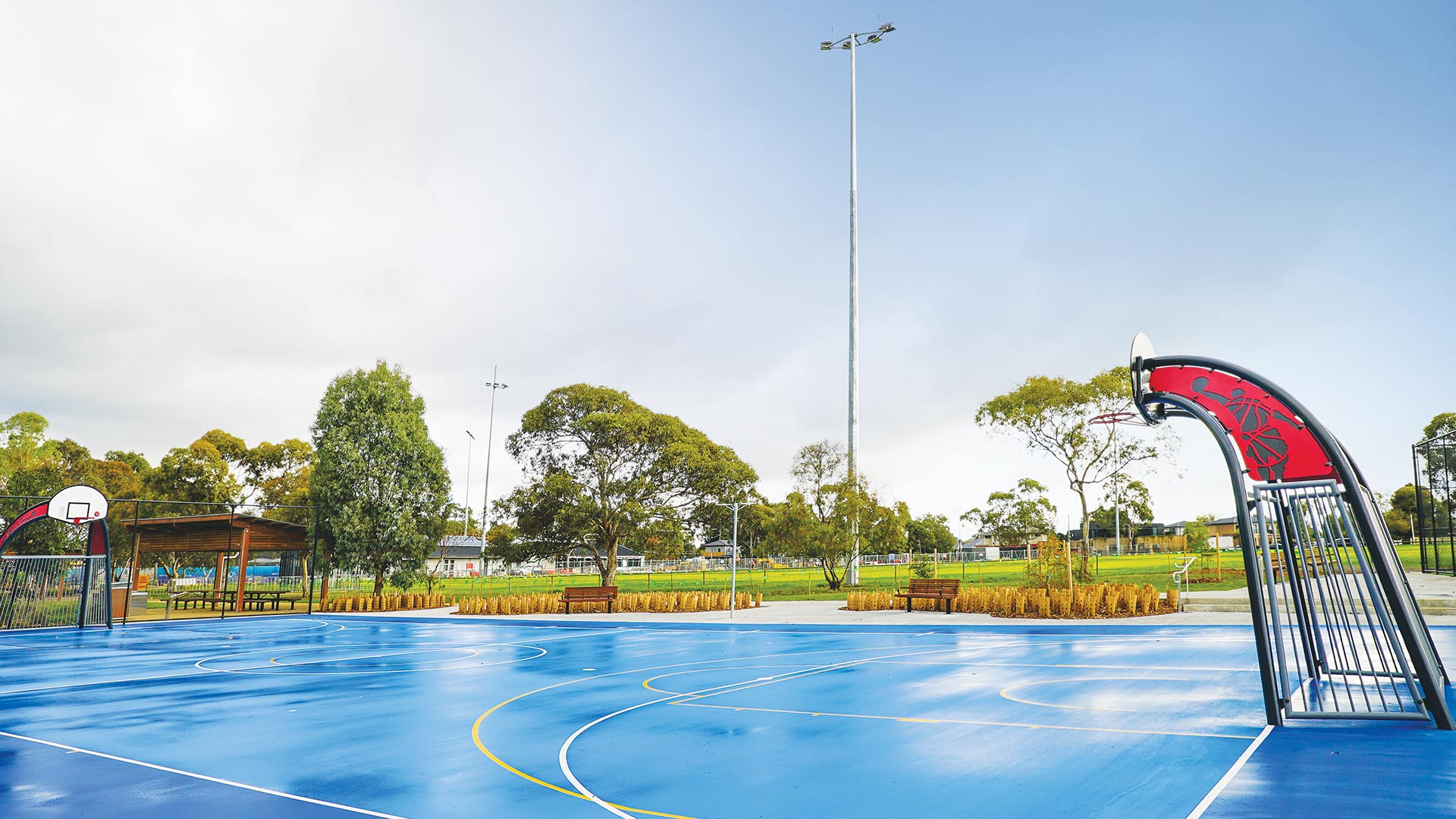 New multi-use court at Ford Park. The court is bright cobalt blue and has a basketball ring/futsal goal at each end, bench seats are positioned around the court and surrounded by new plants, and the court is adjacent to the oval.