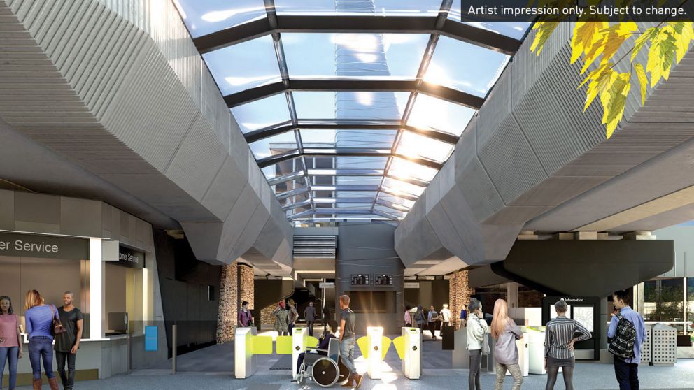 Artist impression of the Mooroolbark Station forecourt with a sun roof cover. Artist impression only. Subject to change.