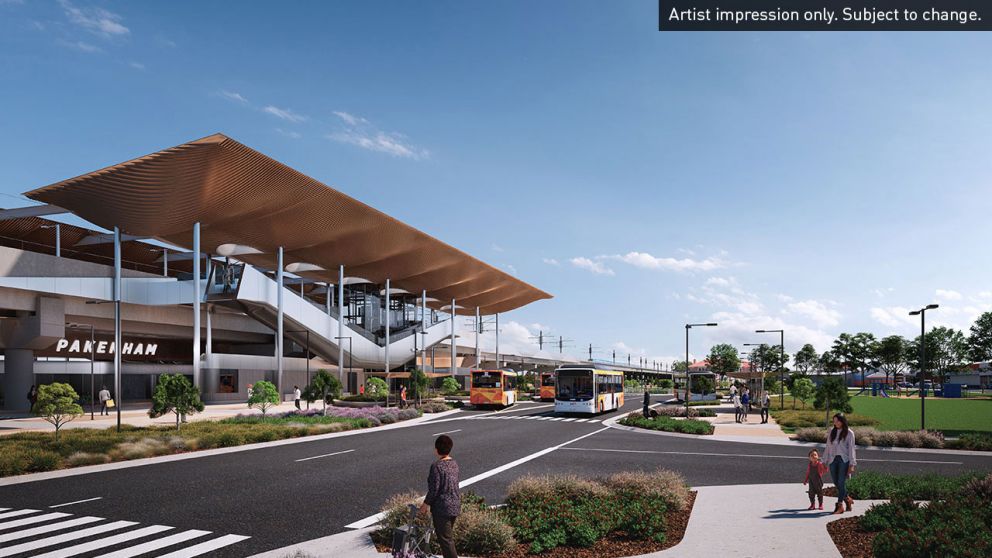 View of new Pakenham Station and bus interchange looking west. Artist impression only. Subject to change.