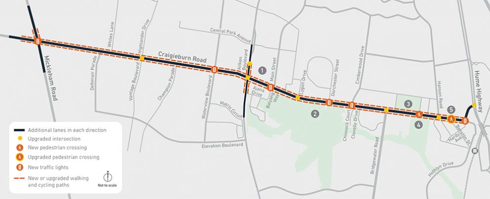 Craigieburn Rd Map highlighting the road upgrades to occur