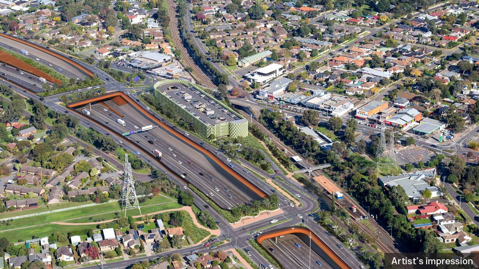 An artist impression aerial view of the two new green bridges at Elder Street and Watsonia Road, and the multi-level Watsonia Station parking in Watsonia.