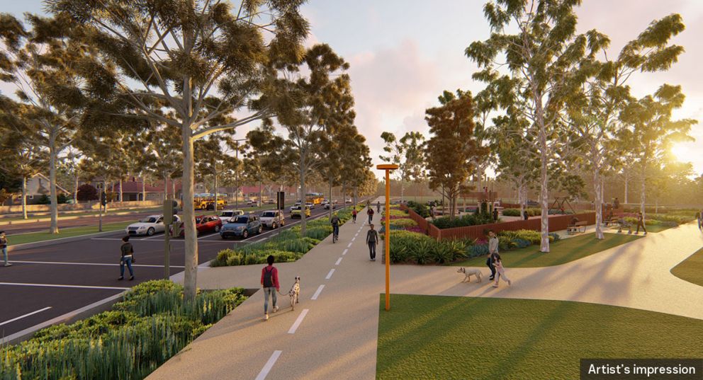 An artist impression of the redeveloped Borlase Reserve showing recreational park users, trees and cars during the daytime.