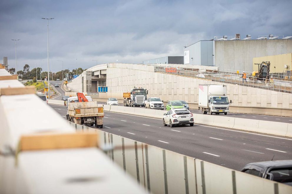 Works continue on the new elevated Edgars Road Altona-bound entry ramp