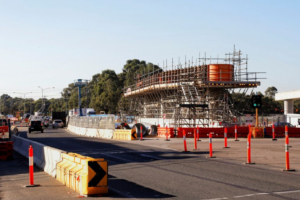 Works to build the centre supports for the bridge over Lower Dandenong Road