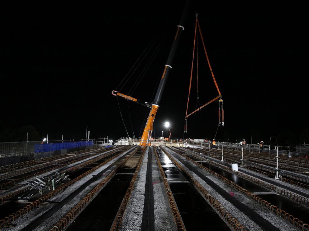 Bridge beams in place over Lower Dandenong Road