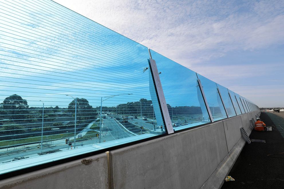 Acrylic noise panels being installed on the bridge over Lower Dandenong Road