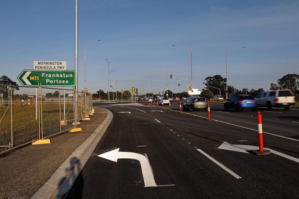 The new turning lanes to enter the Mordialloc Freeway at the Dingley Bypass