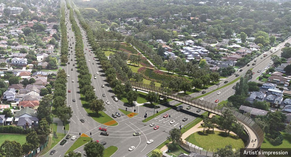 An artist impression aerial view of Greensborough Road looking north towards Lower Plenty Road showing Borlase Reserve parklands.