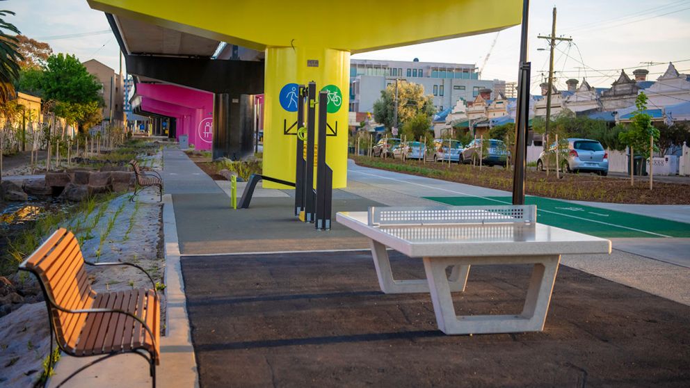 A public table tennis space alongside the new Bell to Moreland shared use path