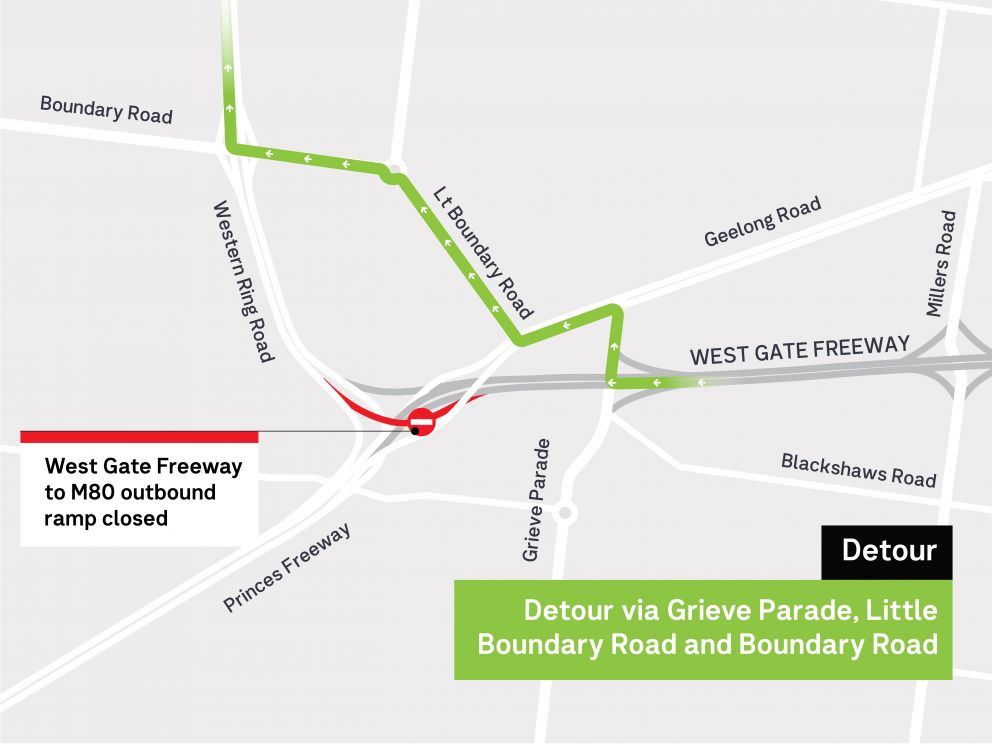 Detour map - Summer works 2022 West Gate Freeway to M80 outbound ramp closed 