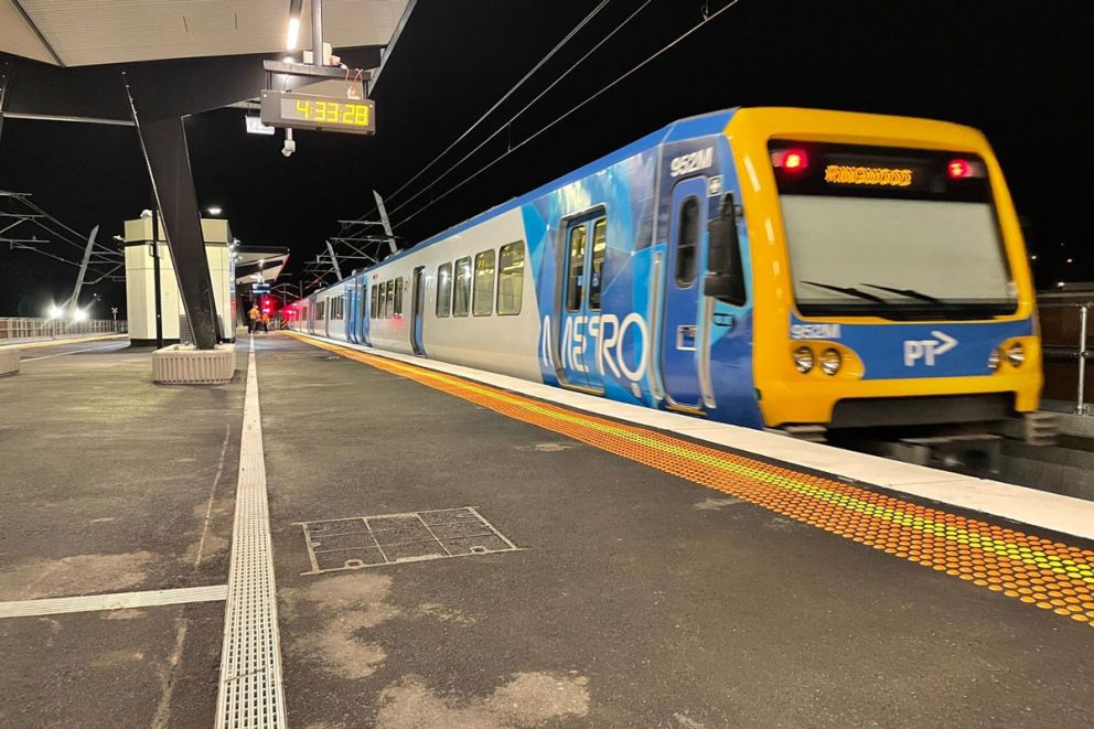 The first train leaving the new Mooroolbark Station platform.