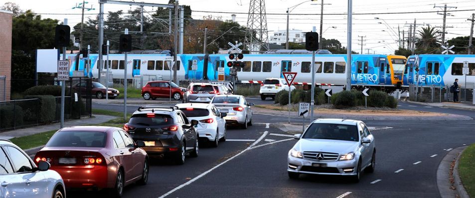 Traffic waiting at the Warrigal Road level crossing in Mentone