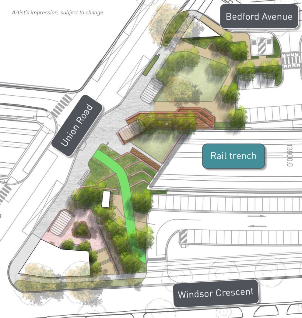 Artist render map of proposed open space near Union Road, between Windsor Crescent and Bedford Avenue.