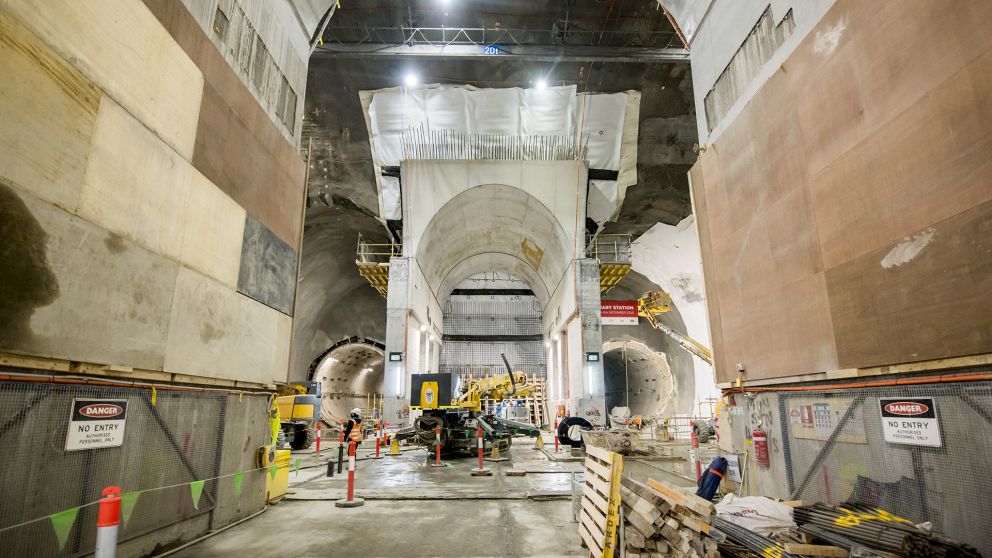 Central cavern works at the new State Library Station