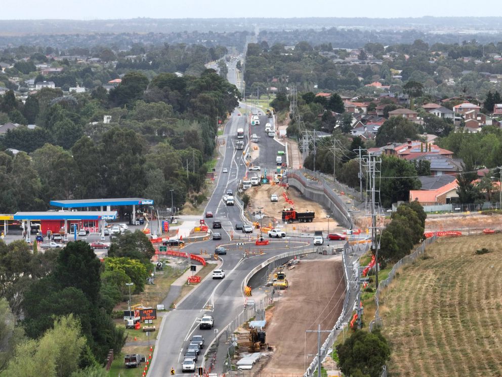 Aerial shot of roundabout looking south on Hallam North and Heatherton Road Upgrade