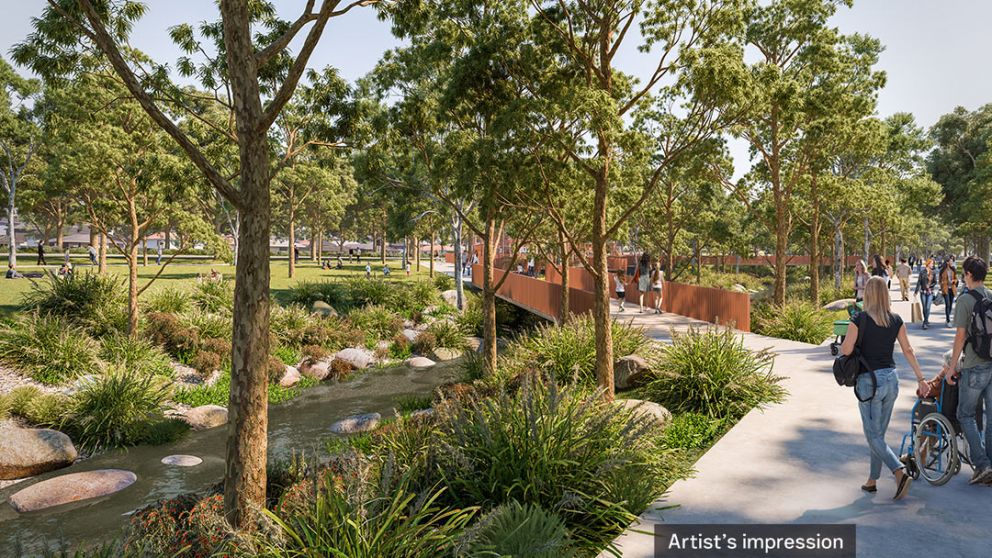 Artist’s impression of new Borlase Reserve parklands and trails running along Banyule Creek, Yallambie. View is looking west towards Greensborough Road. 