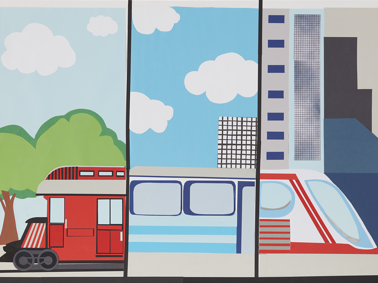 Artwork showing three different eras of trains.