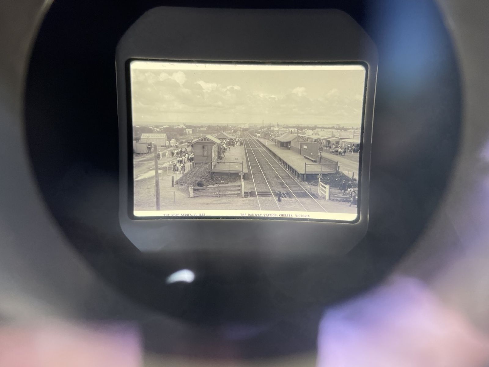 A black and white image of the old Chelsea Station in the 1920's as viewed through the Station Street stereoscopic box