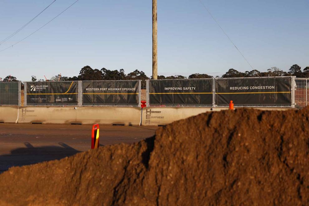 Concrete barriers in place within the work area on the Western Port Highway Upgrade