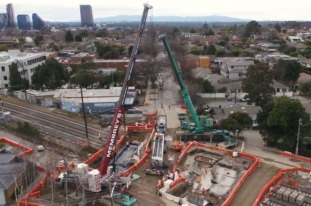 Bridge beams being lifted into place at the Mont Albert Road level crossing