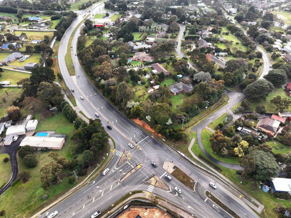 Aerial view of the Narre Warren North Road and Belgrave-Hallam Road intersection