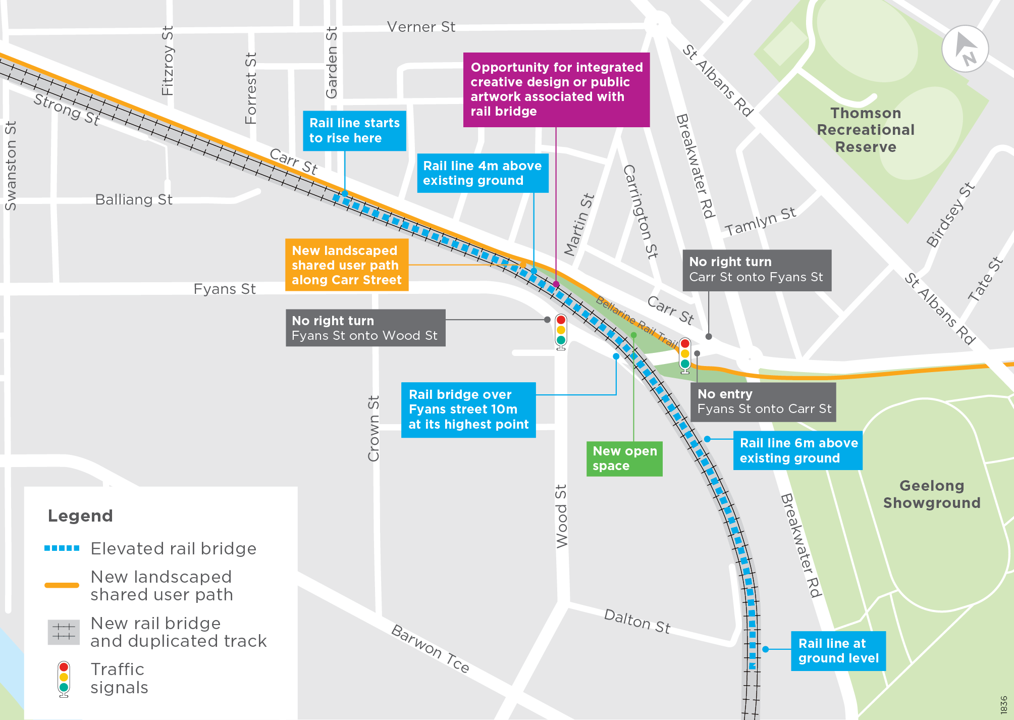 a map of the traffic changes to the Fyans Street. The map captures the area between Breakwater road and Crown Street. The map depicts the direction of traffic along Fyans Street, Wood Street, Carr Street and Martin Street.