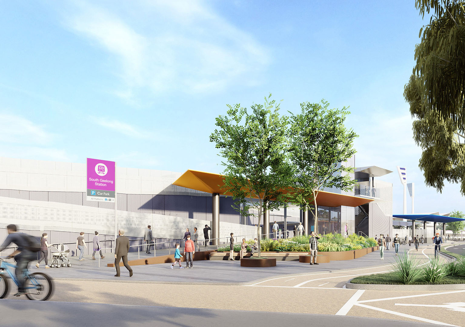Image: concept image of South Geelong Station. This image is of the station forecourt area, the foreground of the image features cyclist travelling along the bike path. The middle ground of the image features pedestrians and commuters in the forecourt area and the area leading into the new station building. The background of the image features a glimpse of the GMHBA Stadium. 