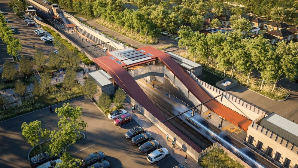 Looking west at the new Ringwood East Station. Trees and plants depicted at 5-6 years from planting. Artist impression, subject to change.