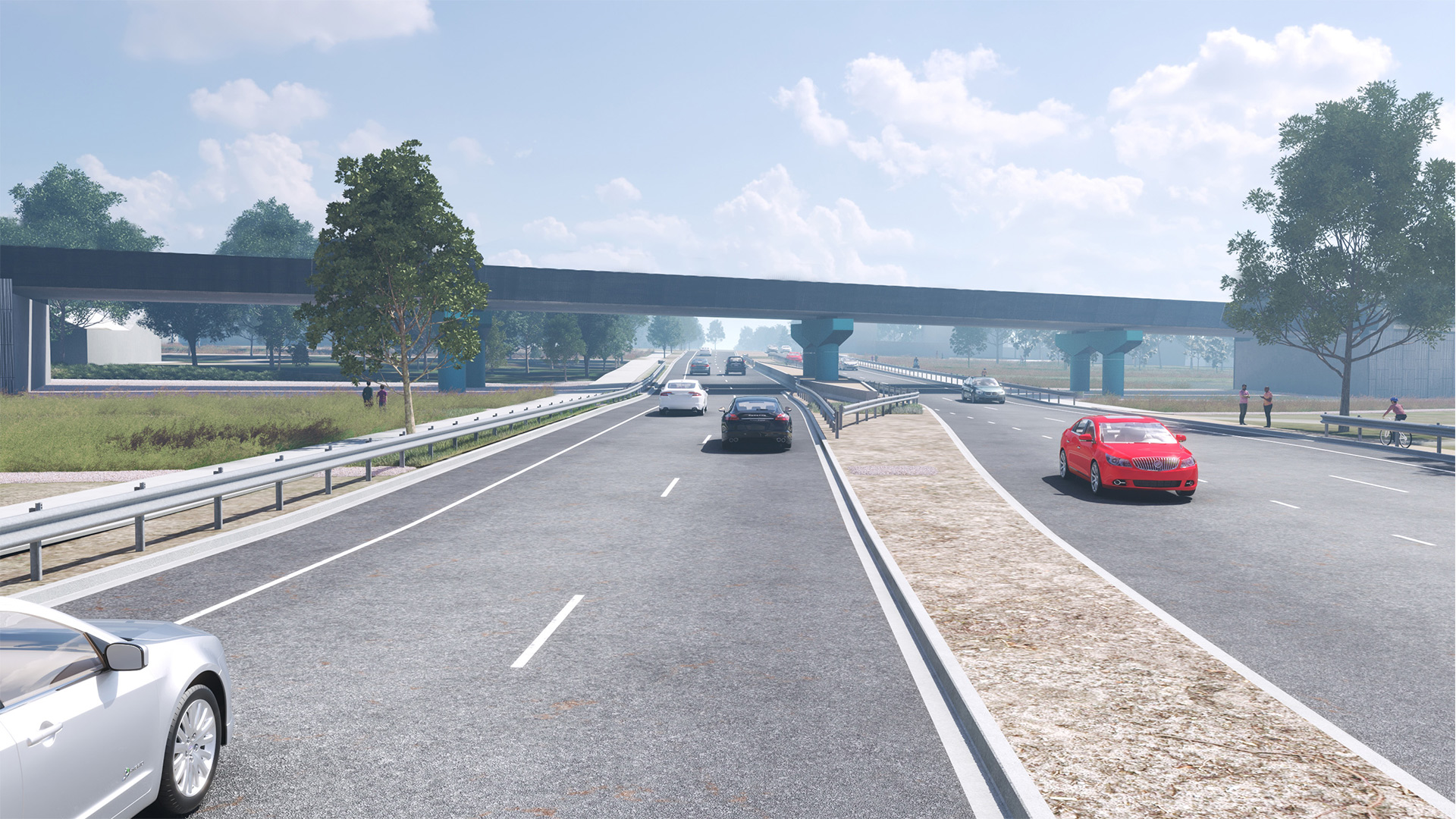 concept of Surf Coast Highway view toward Torquay Road. This image features a vehicle driving along Surf Coast Highway towards Torquay with the elevated rail bridge across Surf Coast Highway in the background. 