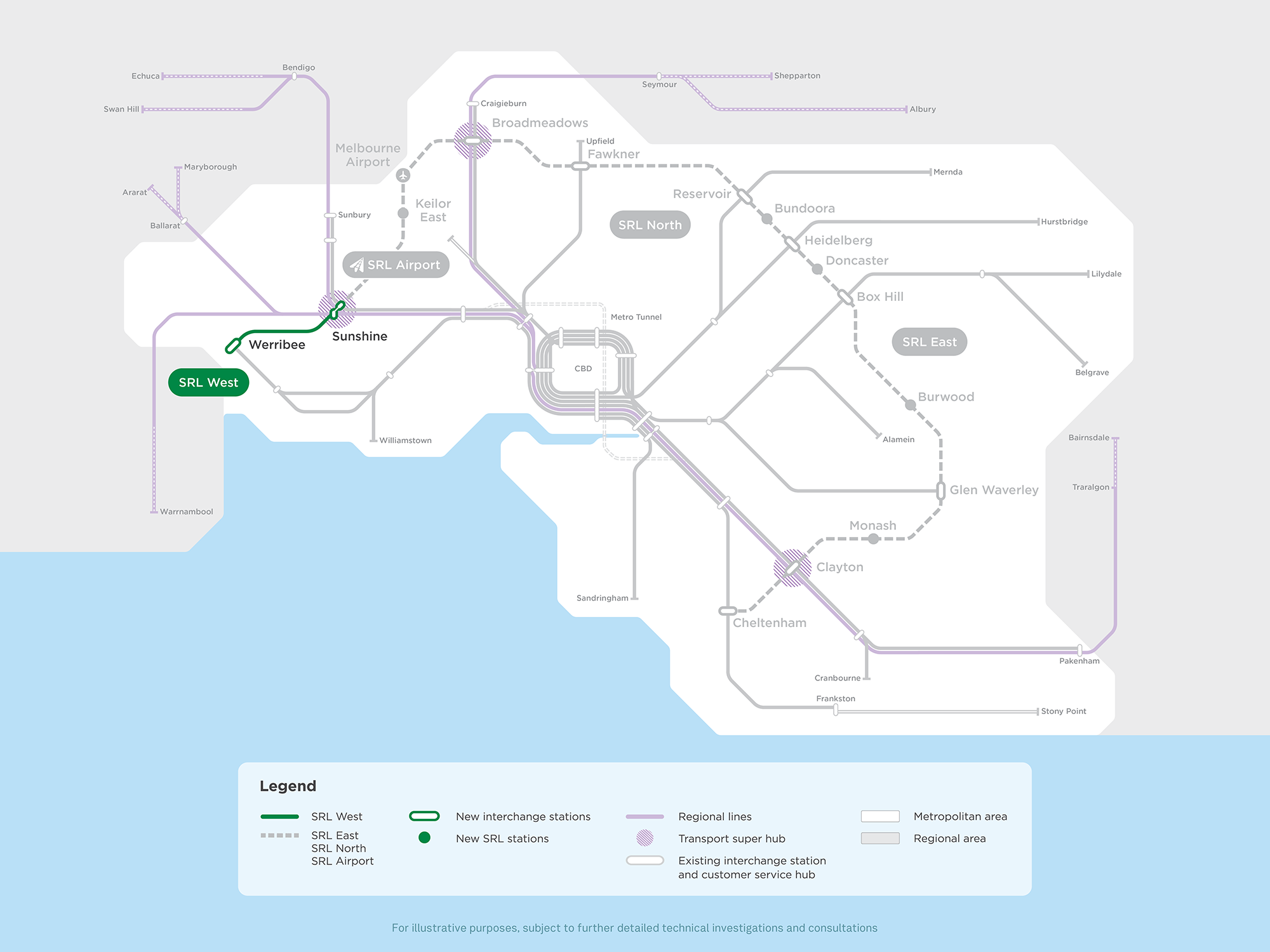 Map: Suburban Rail Loop with SRL West section highlighted - Sunshine to Werribee