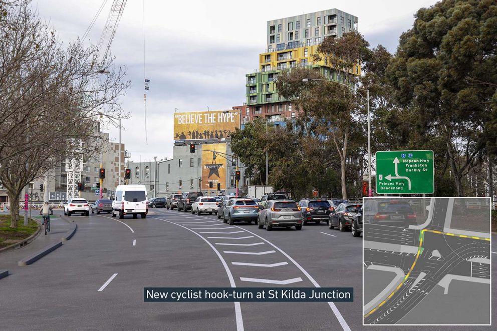 Artist impression of new cyclist hook turn at St Kilda Junction