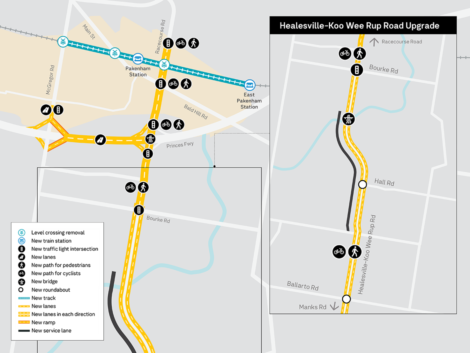 A map showing the projects happening in the Pakenham area: Main St, Racecourse and Main Rd level crossing removals, Pakenham and East Pakenham stations and the  Healesville-Koo Wee Rup Road Upgrade.