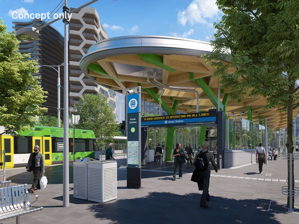 Render of the Anzac Station entrance exterior, also including the tram stop and a tram in the background