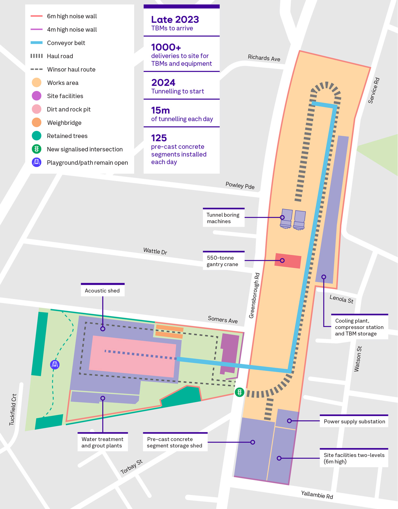 Map showing the location of the tunnel boring machine launch site and Winsor Reserve site compound in Watsonia.