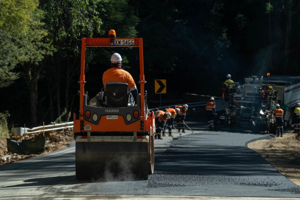 Asphalting works progressing on Bogong High Plains Road near the landslip 14 April