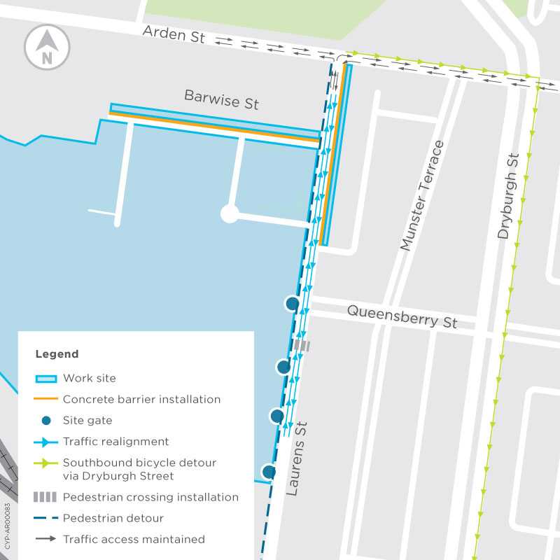 A map displaying the traffic changes on Laurens Street as a result of Arden Station works.