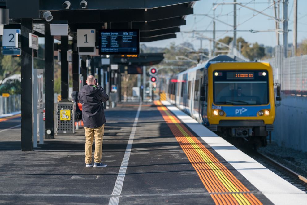 A train arrives at the newly opened Greensborough Station