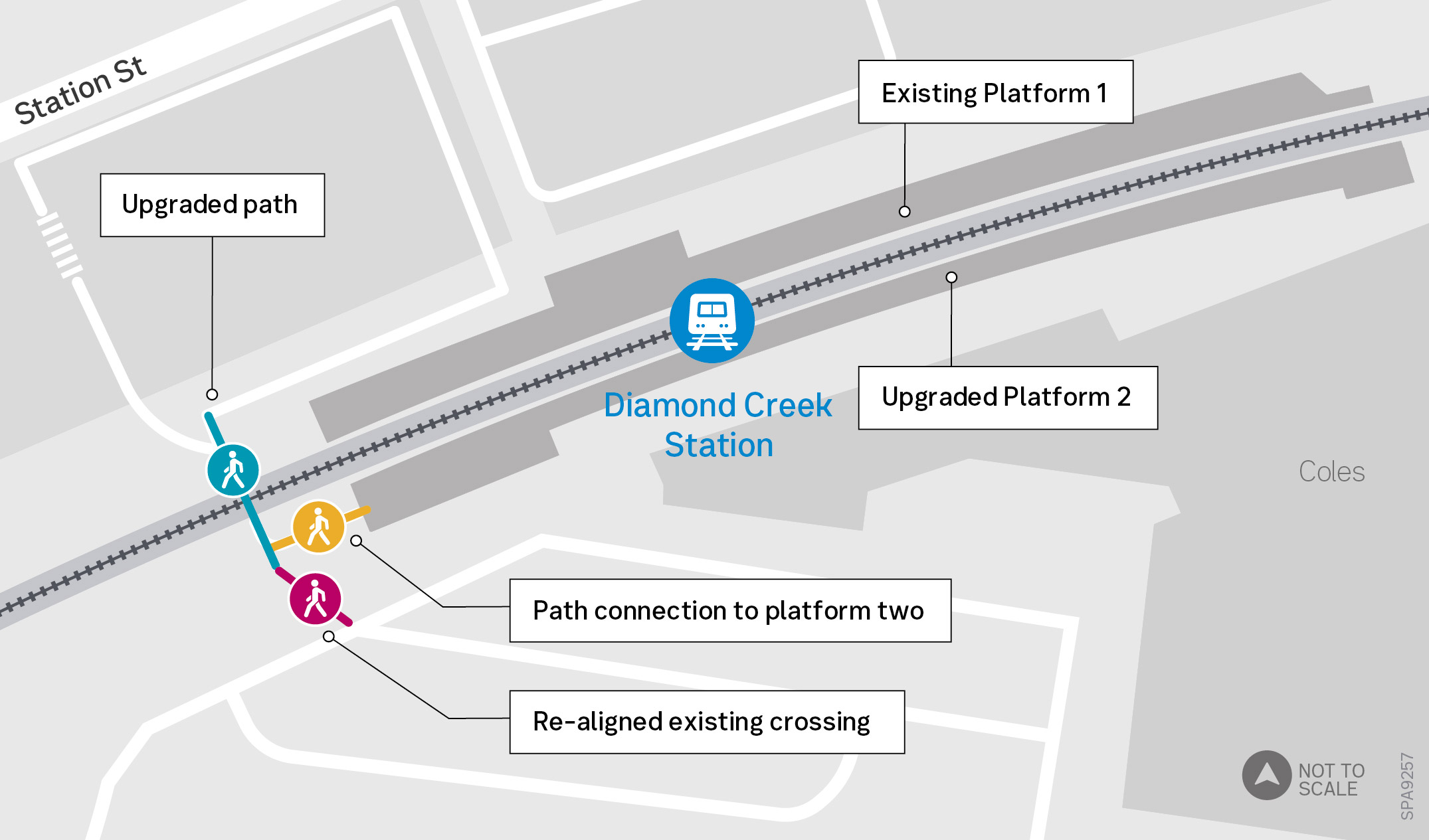 Upgraded pedestrian crossing and Platform 2 extension. Map is subject to change.