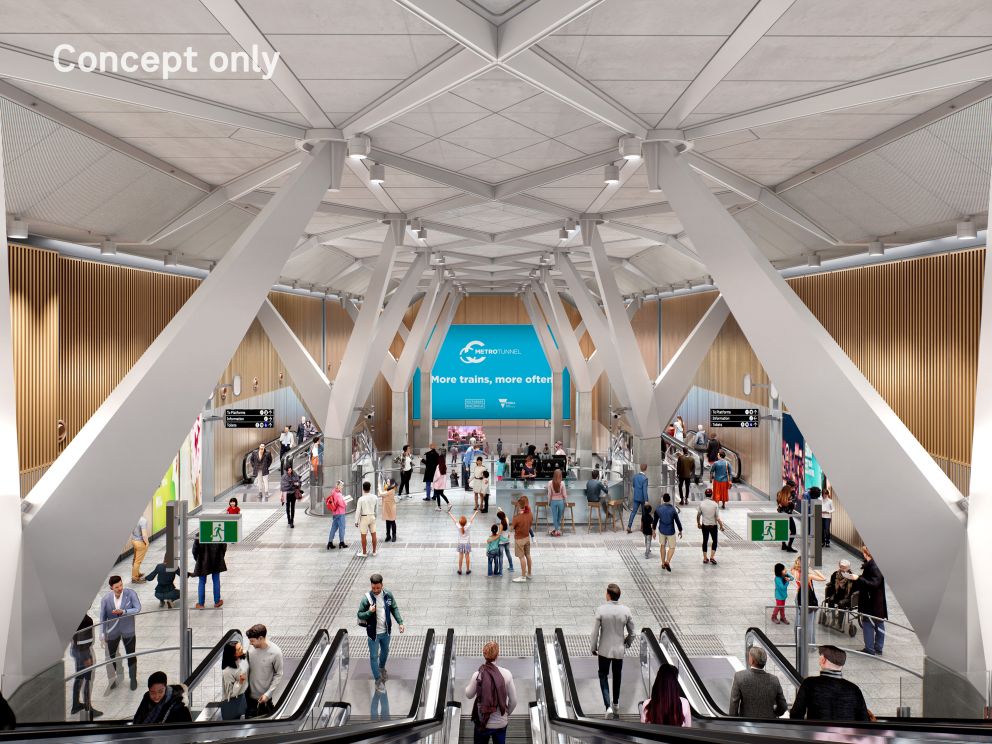 Render of Town Hall Station concourse from the top of escalators