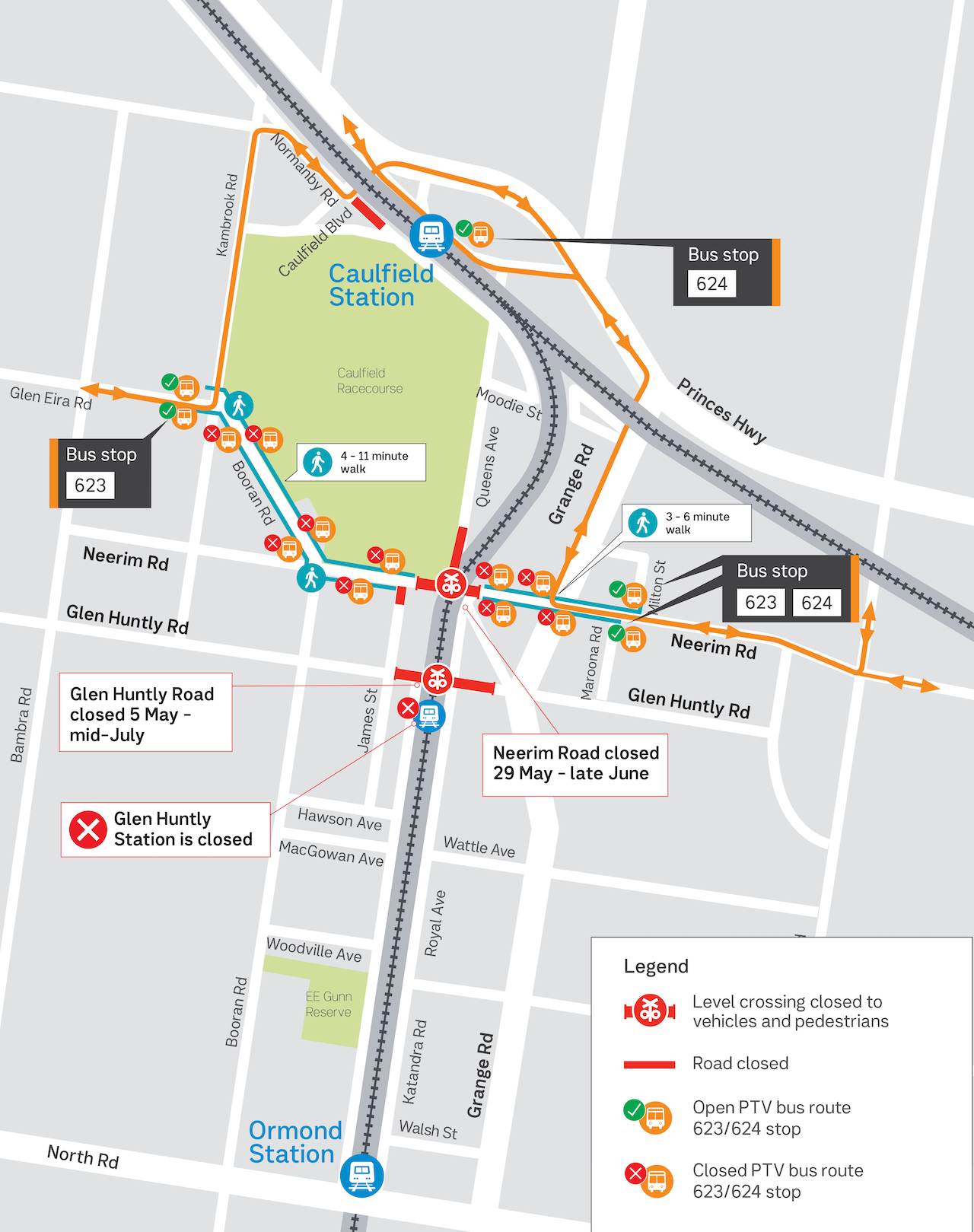 Map showing bus route diversion until late June