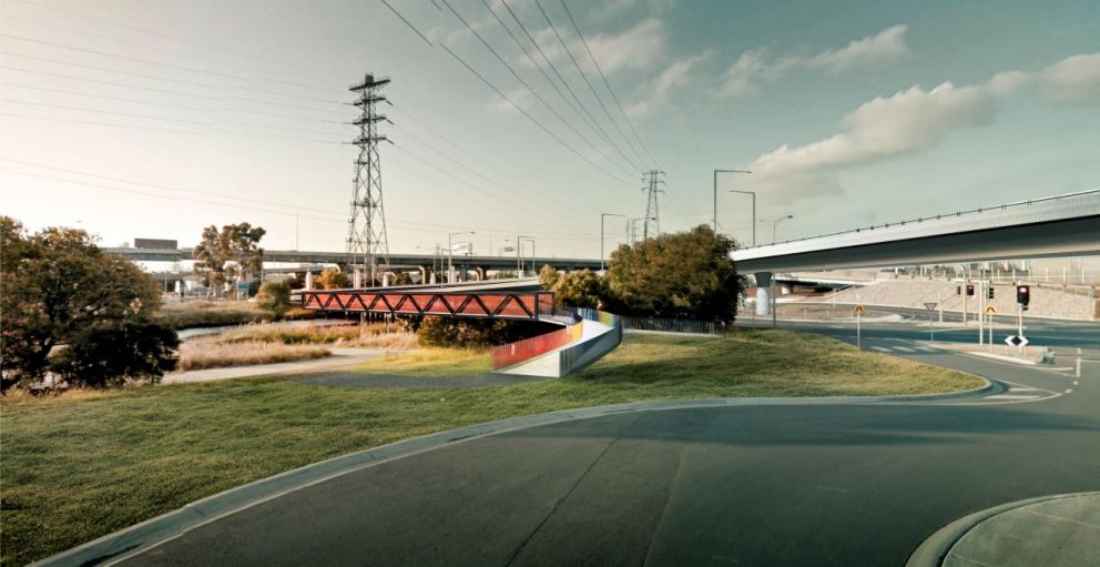 Artist impression - the new Dynon Road walking and cycling bridge. New pedestrian and cycling bridges at Dynon Road over the rail lines and Moonee Ponds Creek will make it safer to link into the broader cycle network.