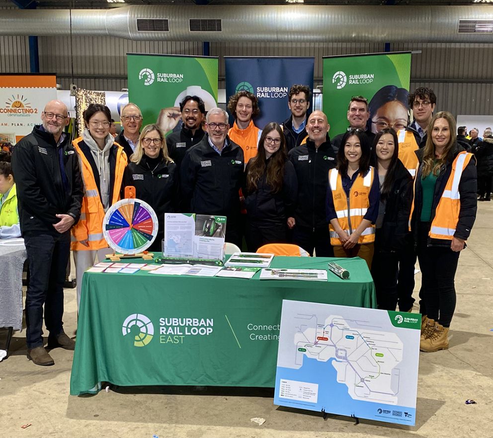 Image shows Suburban Rail Loop chief executive Frankie Carroll (front, fourth from left) with attendees at the Warragul JobSkills Expo. 