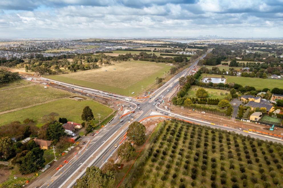 June 2022- An ariel view of the new  Mickleham and Craigieburn intersection alignment taking shape