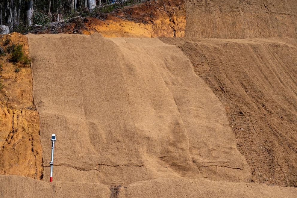 Coir matting continues to protect the Bogong Hugh Plains Rd landslip from surface erosion