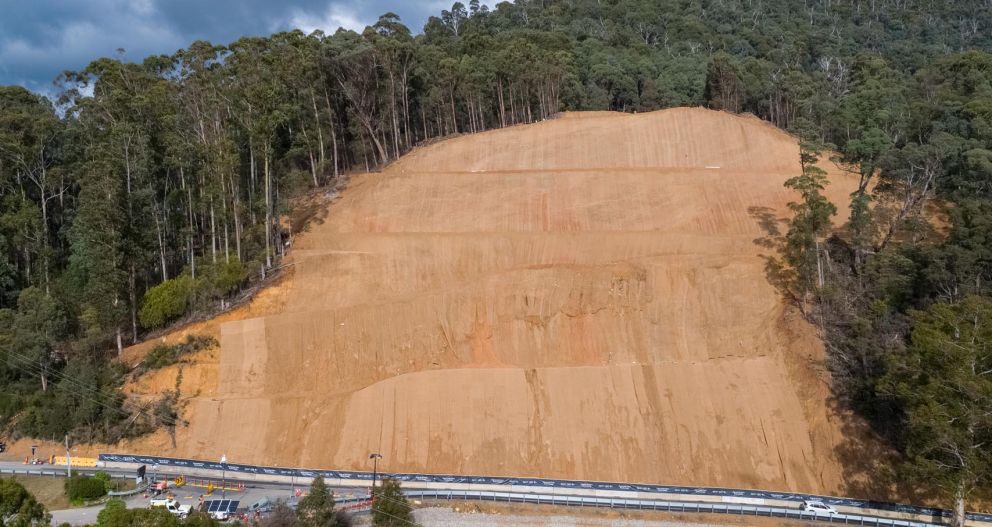 Wide view of the landslip with Bogong High Plains Road in the foreground